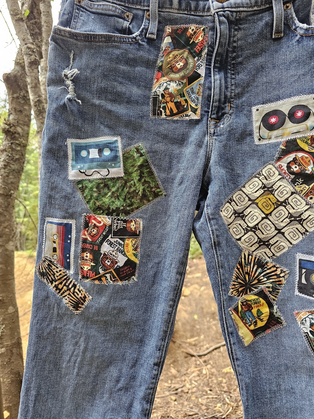 J. Crew Blue Patchwork Straight-Leg Jeans with Vintage Graphic Patches - Picture 3 of 6